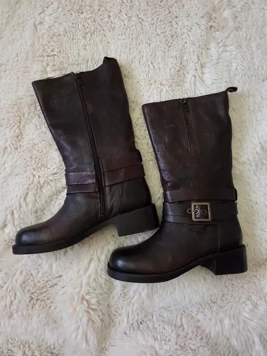 Vintage Foundry Co Leather Moto Western Mid Calf Brown Boot Womens 8 New