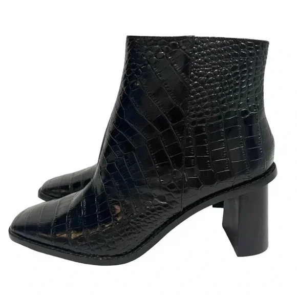 Gibson Latimer Vina Leather Croc Embossed Square Toe Block Heel Ankle Boots 11