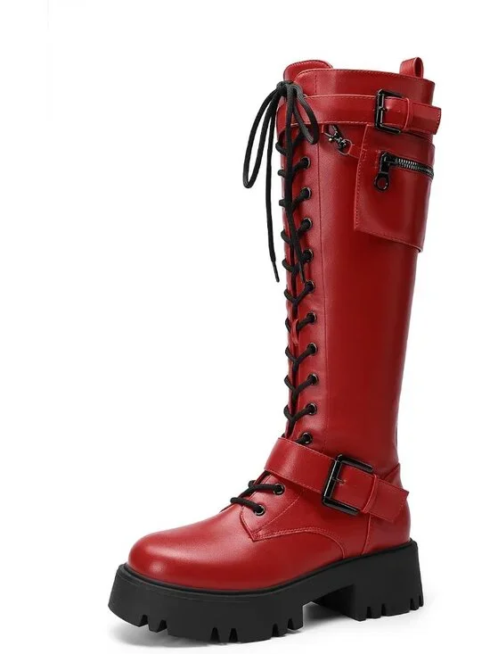 Dream Pairs Women's Red Round Toe Lace Up Inside Zipper Knee High Combat Boots