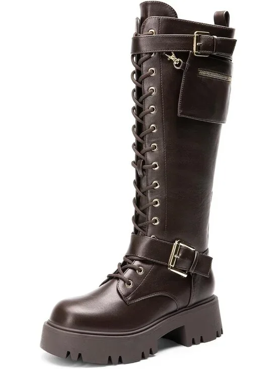Dream Pairs Women's Brown Round Toe Lace Up Inside Zipper Knee High Combat Boots