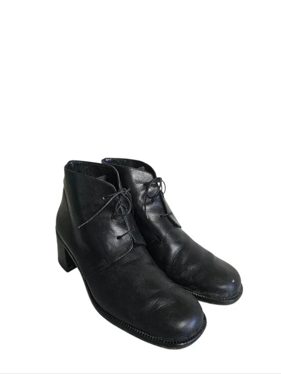 Crew Black Leather Square Toe Block Heel Lace Up Ankle Boots 10M Made In Italy