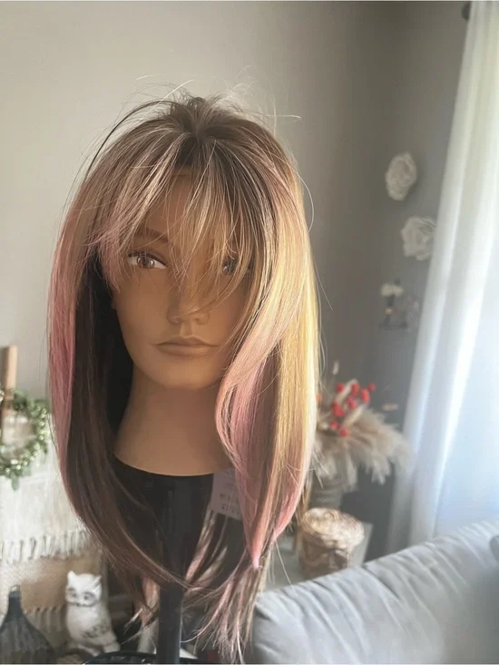 Layered Brown Wig with Pink Highlights — Women's Synthetic Style