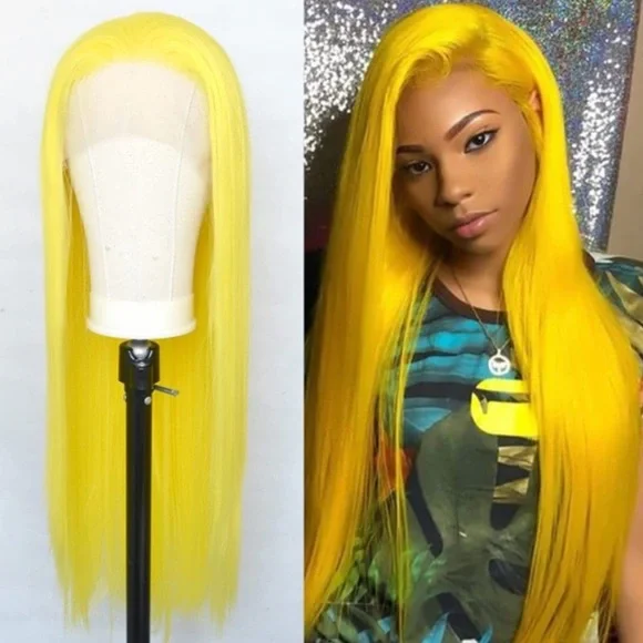 24” Yellow Silky Long Straight Lace Front Wig NEW