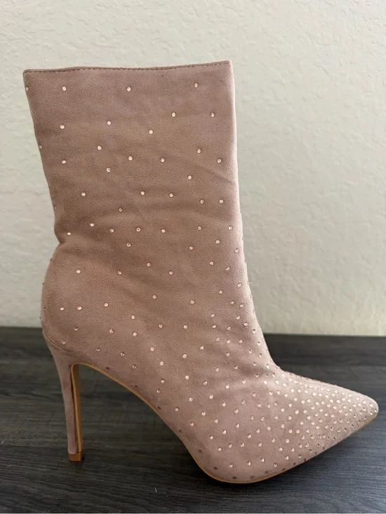 Taupe Rhinestone Pointed Toe Ankle Boots Size 10