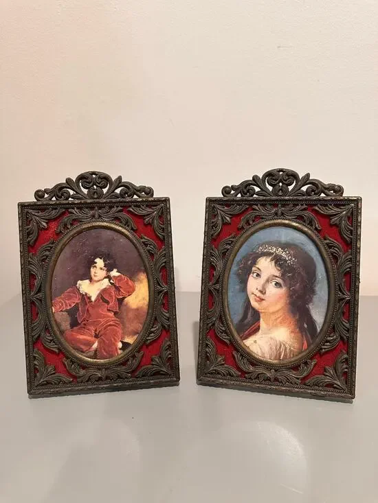 Pair of Vintage Italian Metal Frames with Oval Portraits. Red Velvet Mat. Italy.
