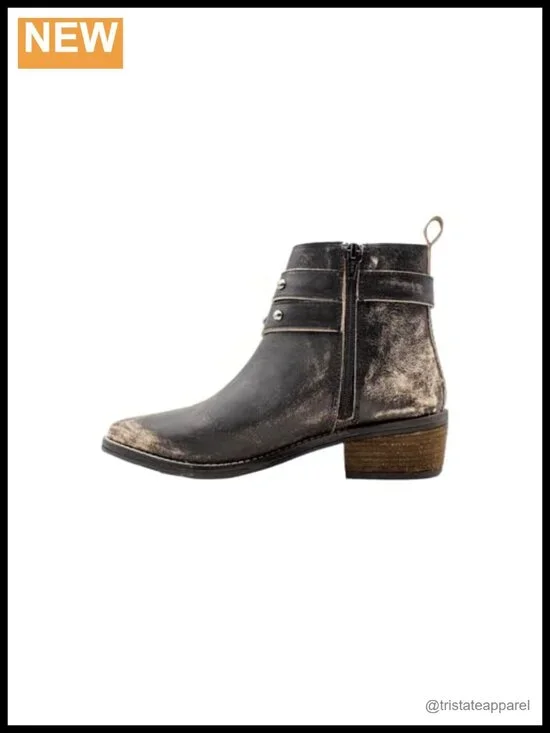 Distressed Leather Ankle Bootie with Stacked Heel, Pull-On