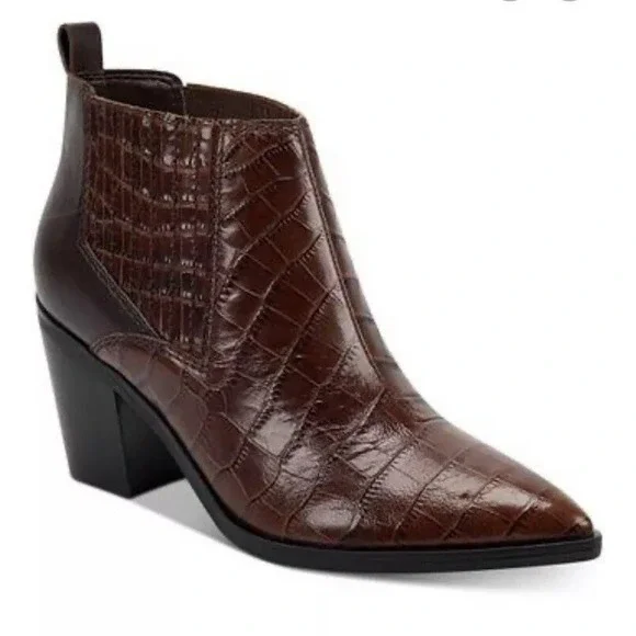 Marc Fisher Ankle Boots Size 8.5 Brown‎ Yale Croc Embossed Leather Block Heel
