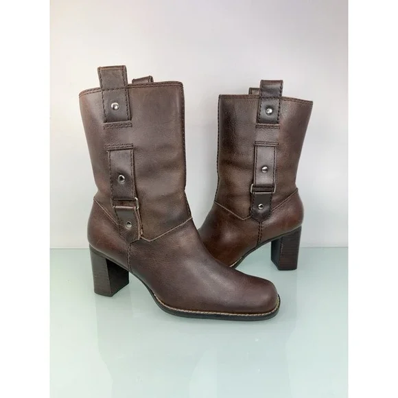 Vintage Y2K Aerosoles Brown Square Toe Buckle Mid Calf Pull On Chunky Boot Sz 6‎