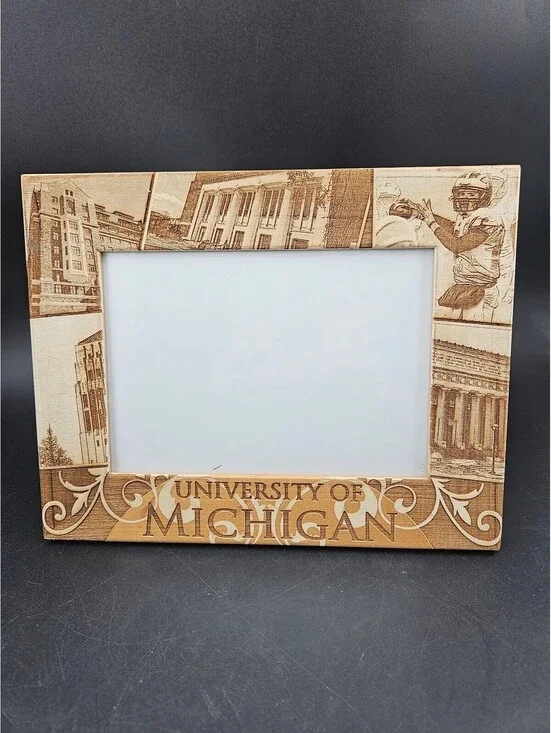 University of Michigan Wooden Photo Frame with Campus and Football Engraved 9x7