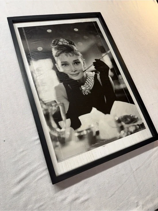 Framed Black Wall Art Print Audrey Hepburn- Classic Monochrome Home Accent