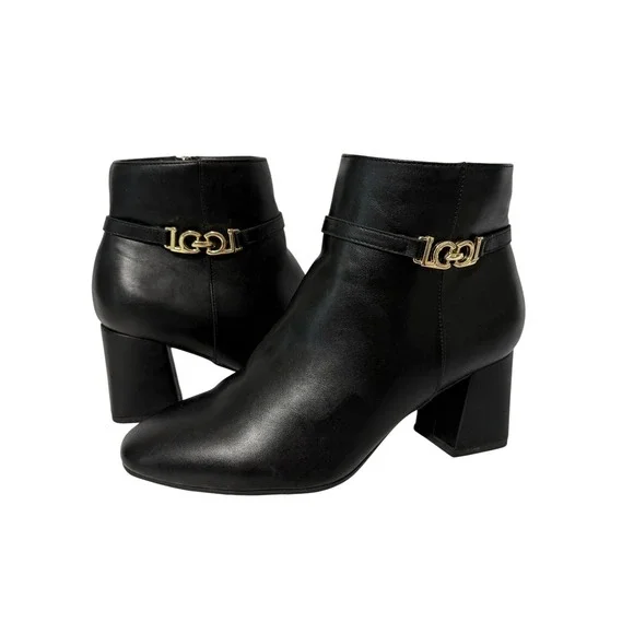 Liz Claiborne Monte Black Faux Leather Gold Hardware Block Heel‎ Ankle Boots 8W