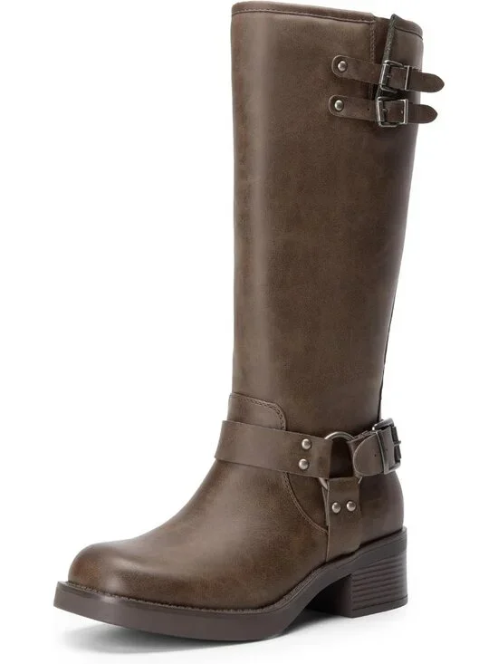 Dream Pairs Women's Brown Nubuck Round Toe Side Zipper Chunky Knee High Boots