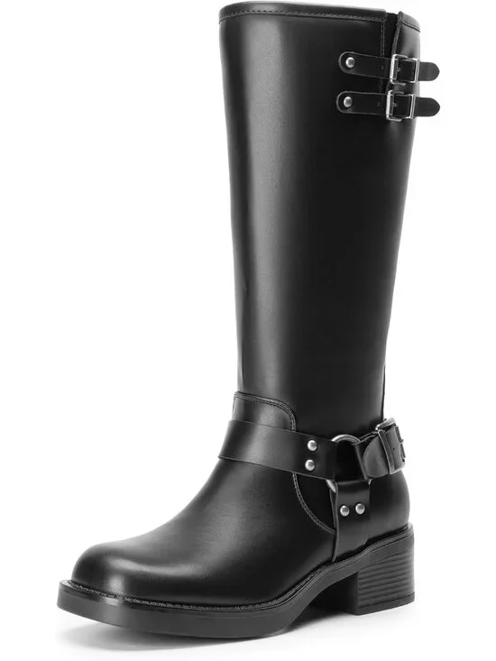 Dream Pairs Women's Black Pu Round Toe Side Zipper Chunky Knee High Boots