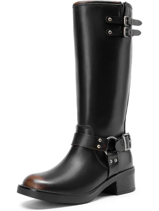 Dream Pairs Women's Black Brown Round Toe Side Zipper Chunky Knee High Boots