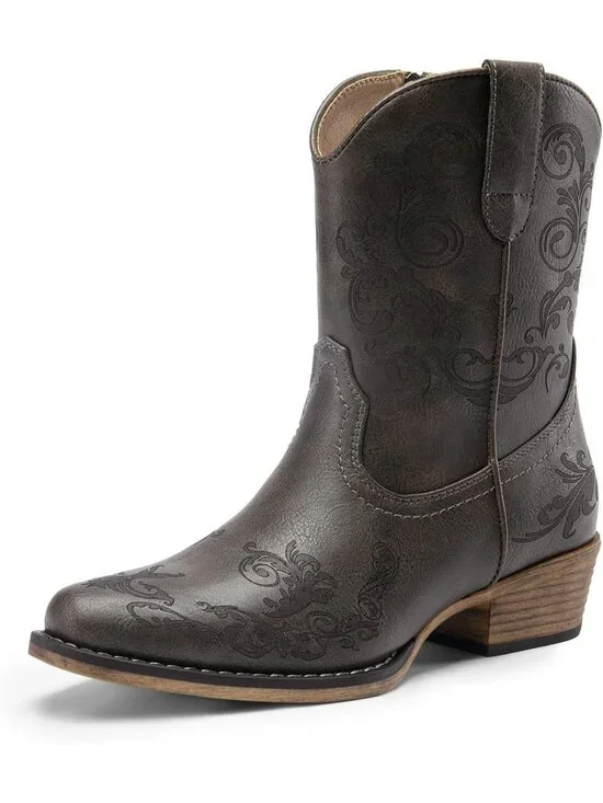 Women's Grey Faux Leather Square Toe Fashion Dress Low Chunky Heel Cowgirl Boots