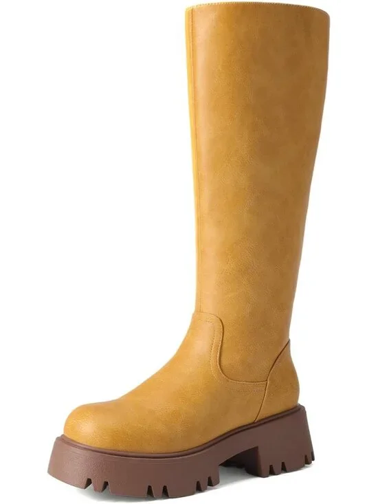Dream Pairs Women's Yellow Round Toe Side Zipper Platform Chunky Knee High Boots