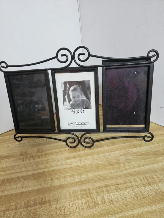 Aaron Brothers Triple 4x6 Photo Frame Black Metal Scroll Easel Wall Display
