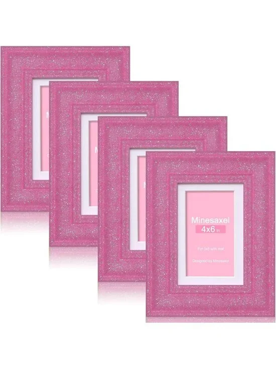 Glitter 4x6 Picture Frames with Mat for 3x5 Photos, HD Glass, Colorful Pink