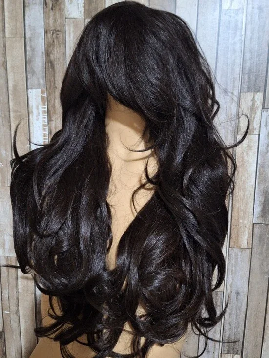 Dark Brown Long Wavy Human Hair Blend Women's Wig with Side Bangs
