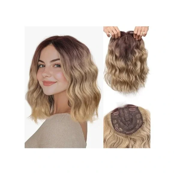 Short Wavy Hair Topper 11in Ombre Brown Blonde Synthetic Hairpiece Natural