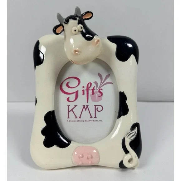 Cow Photo Frame Bobblehead Ceramic Black & White Tabletop 4