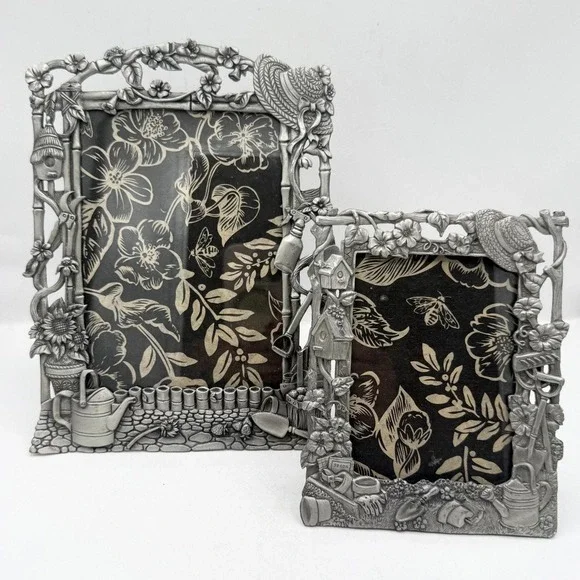 Vintage Cottage Garden Picture Frame Set Pewter Toned Raised Detail 5x7 & 3.5x5