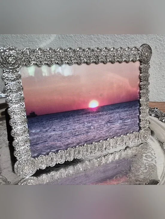 Ornate, silver-tone metal picture frame W/ textured, jeweled filigree border