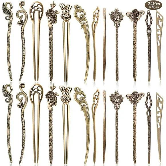 24 Pieces Chinese Women Hair Sticks, 12 Styles Vintage Bronze Decorative Hair Pi