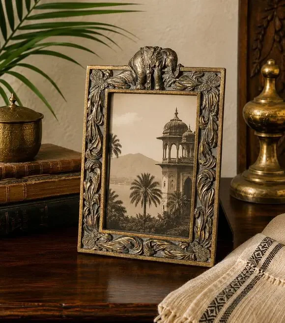 Ornate Elephant Picture Frame Bronze Gold Floral Indian Boho Tabletop Decor
