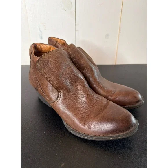 Born Rachel W82113 Brown Leather Stacked Heel Ankle Boots Women's 10 EU 42