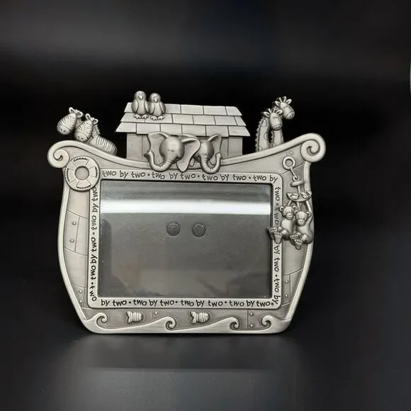 Pewter Baby Photo Frame ~ Noah's Ark Two By Two Malden Int. Holds 3.5 x 5 Photo