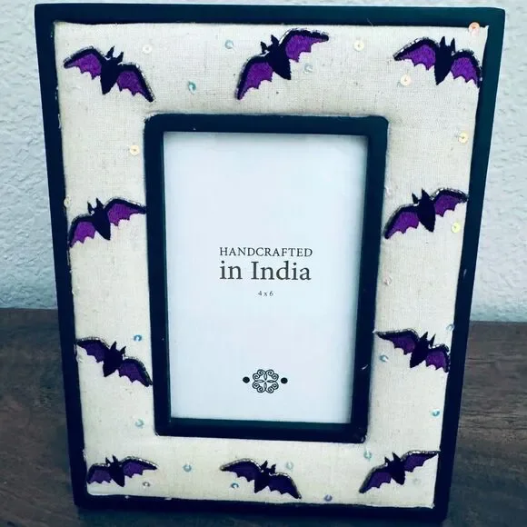 Halloween Bat Beaded Boho Wooden Picture Frame 4x6
