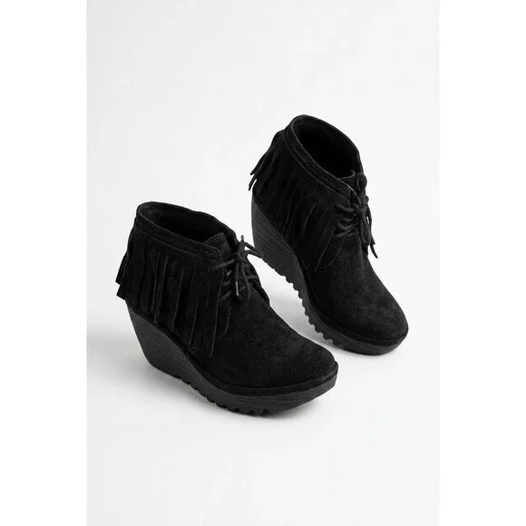 Fly London Yank Black Oil Suede Fringe Wedge Ankle Booties Boots US 7.5 EU 38