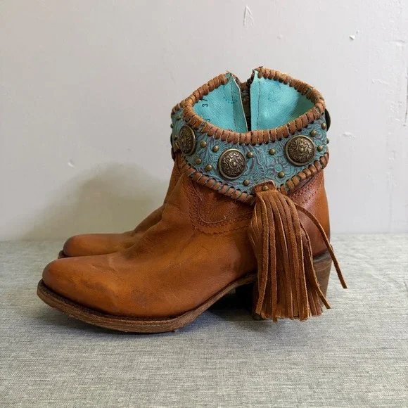 Corral Ankle Boots Women 5.5 Tan Turquoise‎ A3196 Fringe Concho Western Booties
