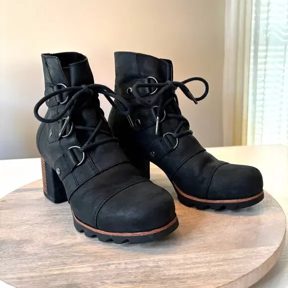 SOREL Addington Boots Women's 8 Black Leather Waterproof Lace Up NL2360-010