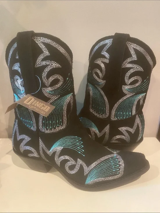 Dingo Black Suede Western Ankle Boots with Teal & Silver Embroidery