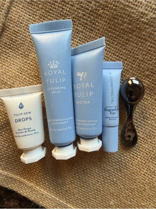 Bloom Effects Skin care Collection w tote, headband & eye de-puff roller/guasha