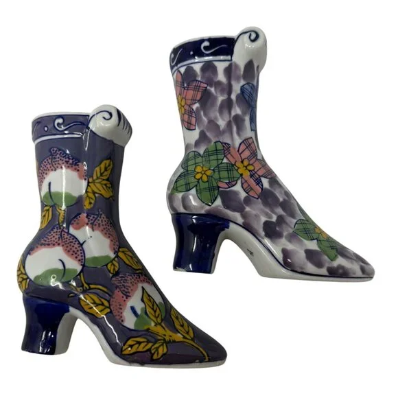Vtg Wall Pocket Pair‎ 2 Victorian Shoe Boot Wall Planters Blue Floral Porcelain
