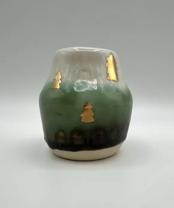 Studio Art Pottery Drip Glazed Bud Vase 3.5” Green & White w Gold Trees Signed