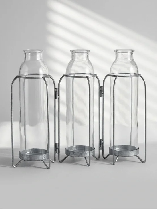 Clear Glass Bottle Trio with Hinged Metal Frames - Rustic Home Accents NWOT