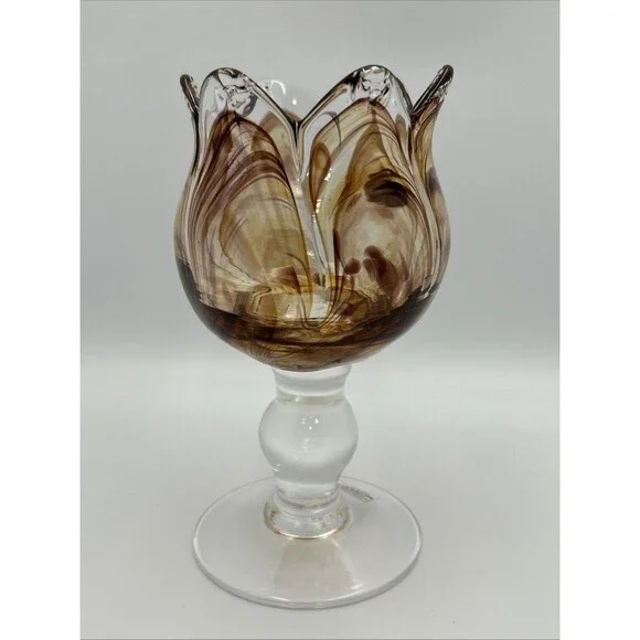 MURANO Italy Hand Blown White Cristal Light Amber Art Glass Petal Vase Bowl