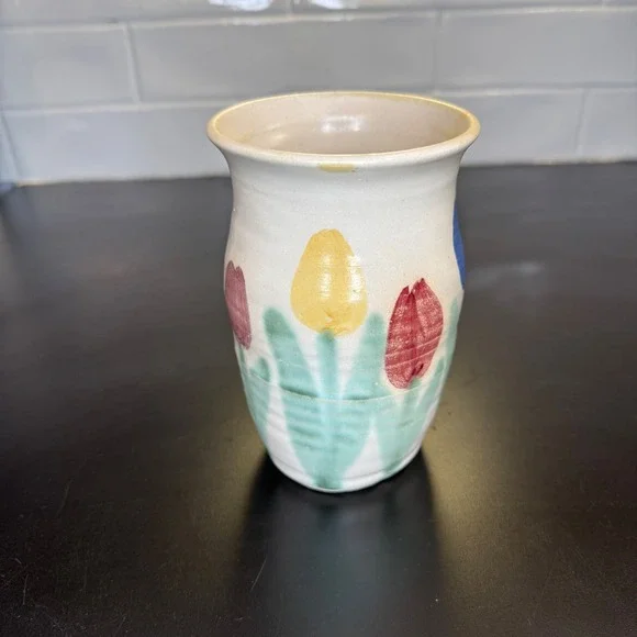 Hartle Pottery Vase Home Decor Small Cream Multi Color Hand Painted Tulips