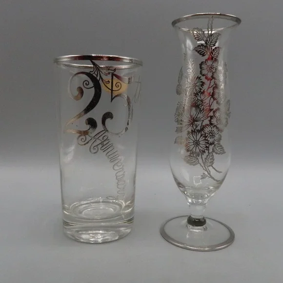 Vintage‎ Sterling Silver Overlay 25th Anniversary Glass & Vase Lot of 2