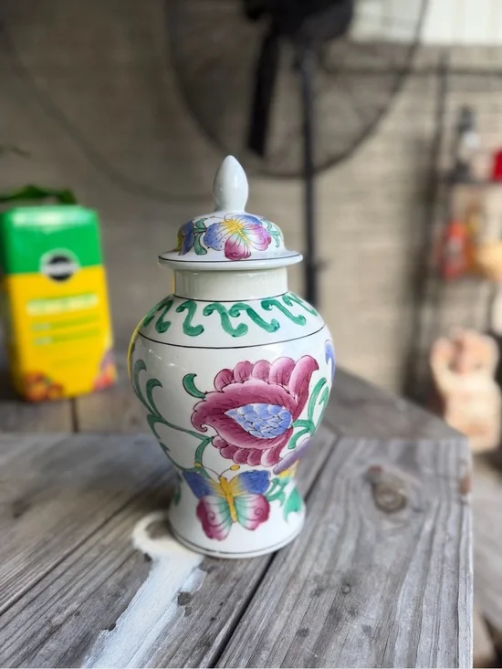 Hand-Painted Floral Ceramic Ginger Jar - White with Pink & Green
