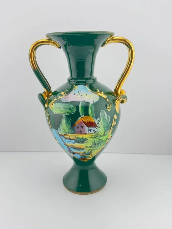 VINTAGE EUROPEAN- STYLE PORCELAIN AMPHORA URN VASE GLIT GOLD HANDLES