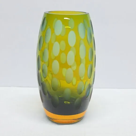 Vintage MCM Abstract Art Glass Vase Green & Amber Frosted Thumbprint