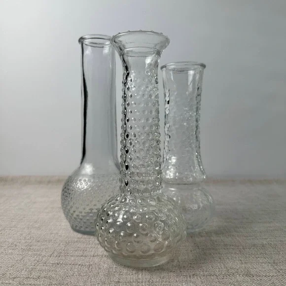Vintage Clear Glass Bud Vases Set of 3 Hobnail Bubble Textured Pressed Glass USA