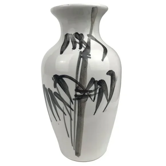 Jasco 6'' Bud Vase Bamboo Motif White Black Painted Made in Taiwan