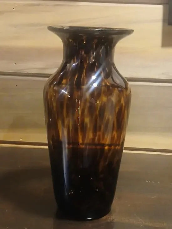 Vintage Murano Style Tortoiseshell Glass Vase Hand Blown Amber Brown MCM 12