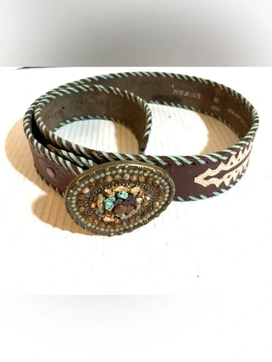 Beaded Oval Buckle Brown Leather Belt with Turquoise Stitching